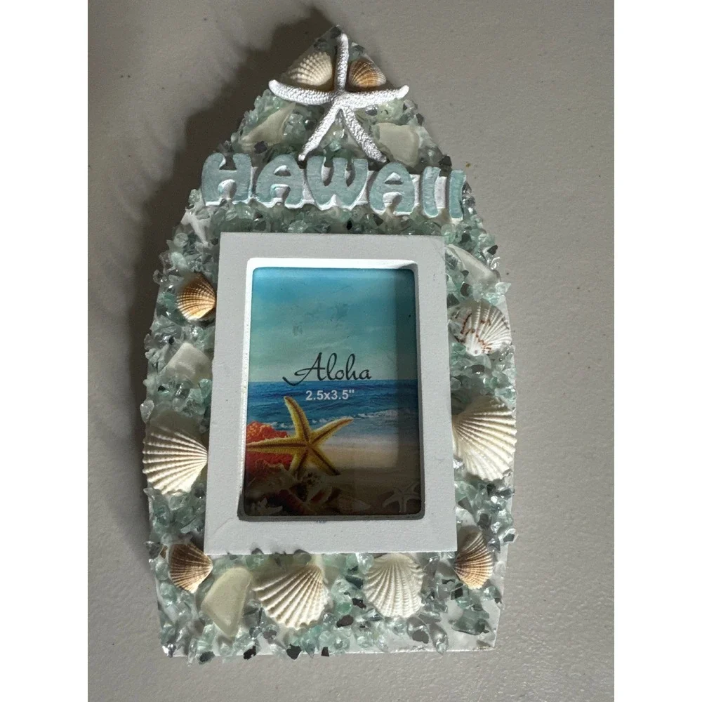Hawaii Surfboard Seashell Sea Glass Picture Frame Chiefly Co H-403 White 2.5x3.5